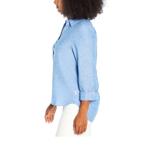 NWT Orvis long sleeve blue linen and rayon top roll cuff with buttons size large - Picture 5 of 9